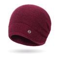 Winter knit beanie for elderly women in deep burgundy with squirrel fur texture and M logo - Burgundy
