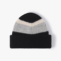 Cozy black wool knit beanie featuring a grey and cream chevron stripe pattern for winter - Adjustable / Black