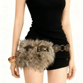 Bohemian faux fur waist bag with brown leather belt and vintage metal studs - 100cm / Tan Long Faux Fur Waist Bag Style (K0352)