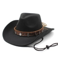 Black vintage wool felt cowboy hat with ethnic style band and adjustable chin strap - M (56-58cm) / Black