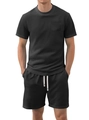 Men's dark grey waffle knit summer set with short sleeve t-shirt and drawstring shorts - S / Black