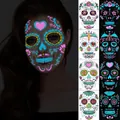 Glow-in-the-dark Day of the Dead face tattoos with floral and skull motifs - FCY005-008 Combo Set (4 Sheets)