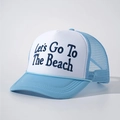 Detail of Let's Go To The Beach embroidery on a blue and white mesh trucker hat - One Size / Sky Blue