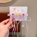 Pink and purple flower hair clips with long silk ribbons and beaded tassel accents - 24# Purple Glass Ribbon