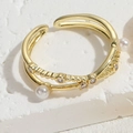 Elegant gold double layer open ring featuring freshwater pearls and zircon accents - 2 Pearls