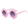 Kids pink flower sunglasses with Happy Birthday pearls and purple gradient lenses - Pink Frame Gradient Grey Lens