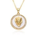 Close-up of gold lion head pendant necklace with sparkling crystal rhinestones inlay - Gold Lion Head Rhinestone Style (D554)