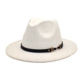 Detail of white fedora hat featuring a black leather band with a gold metal buckle - M (56-58cm) / White