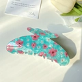 Mint green acetate hair claw clip with pink cherry blossom and white daisy floral print - Cyan Floral 11CM