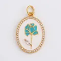 Oval gold brass pendant with blue rose oil drop pattern and zircon stones inlay - Gold Oval Zirconia Inlaid Blue Rose V2