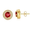 Gold-Ohrstecker mit rundem rotem Edelstein und weißem Zirkonia-Halo, Front- und Seitenansicht - Gold Roter Zirkonia