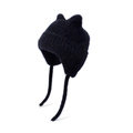 Kids black winter knit hat featuring cute cat ears and warm earflaps with long ties - Black