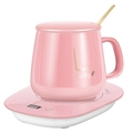 Pink ceramic lucky cup set with digital constant temperature heating base and spoon - Set (Digital Display/USB) / Pink