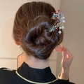Épingle à cheveux chinoise avec fleurs, perles et glands pour chignon Hanfu - Pompon Perle Rouge Perle En Forme D'oiseau En Émail Doré (35#)