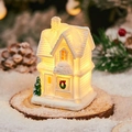 Christmas illuminated white snow cafe cottage with warm LED light on wooden base - Snow House I
