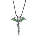 Hip hop style silver dragon and sword pendant with green enamel and black cord - Antique Tin Green