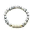 White turquoise and volcanic stone beaded elastic bracelet with gold spacer accents - White Turquoise & White Lava With Gold Beads