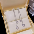 Silver long tassel earrings with white pearls and heart-shaped sparkling crystals - Heart Rhinestone Pearl (E0254)