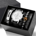 Detail view of silver men's watch with black strap and beaded bracelets in a textured box - Silver Case White Dial Black Strap Set A08618-1 (Watch And Bracelets)