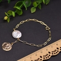 Golden paperclip chain bracelet featuring a large baroque pearl and queen coin pendant - Head Tag Set Bracelet