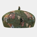 Close-up of green woven jacquard beret featuring colorful landscape and building patterns - All Green Jacquard