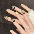 Faux ongles à pression avec dégradé noir doré effet œil de chat et motifs de bambou - XS / Nouveau Style Carré Court (2901)