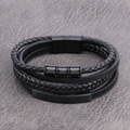 Detail of multi-layer black braided leather bracelet with matte metal magnetic clasp - Black/Square Bar