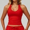 Bright red halter neck sports bra in tight-fit brushed fabric for yoga and fitness - S / Tops / Red