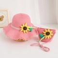 Cute pink children's straw hat and bag set with sunflower decor for sun protection - Hat And Crossbody Bag / Watermelon red