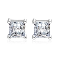 Classic silver-toned princess cut cubic zirconia stud earrings with four-prong setting - Square Geometric Stud Earrings (LED-41)