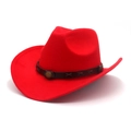 Detail of red wool felt cowboy hat featuring brown leather band and metal buckle - M (56-58cm) / Red (Cowboy Wax Rope)