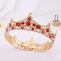 Detailed close-up of golden Baroque crown featuring red gemstones and elegant white pearls - KC Gold with Red Rhinestone