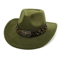 Détail d'un chapeau de cowboy vert olive avec bande léopard et boucle tête de taureau argentée - M (56-58cm) / Vert Militaire