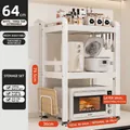 White 3-tier expandable microwave rack made of carbon steel for kitchen storage - 3-Tier Extendable Style-Cream White-With Cutting Board Rack