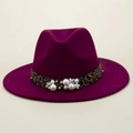 Chapeau Fedora en laine fuchsia pour femme avec ruban léopard et détails de perles - M (56-58cm) / Bordeaux