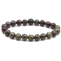 Close-up of natural stone bead bracelets in green and red jasper with earthy textures - Dragon Blood Stone