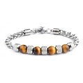 Close-up of tiger eye beads and textured silver links on a men's stainless steel bracelet - 8mm Bead Diameter / Yellow Tiger Eye Adjustable