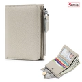 Cartera RFID delgada de cuero taupe con textura granulada y bolsillo con cremallera - Blanco Leche