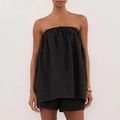 Women's black two-piece summer set with ruched tube top and matching casual shorts - S / Black