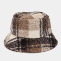 Detailed close-up of thick checkered teddy fleece fabric on a warm winter bucket hat - M (56-58cm) / Check Brown