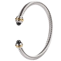 Bracelet manchette câble argenté avec accents dorés et pierres précieuses noires - Bicolore Or et Argent avec pierre noire facettée