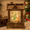 Vintage copper house-shaped Christmas lantern with Santa scene and swirling glitter light - Vintage House Santa and Child
