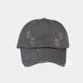Detail view of washed grey baseball cap with distressed holes and white letter embroidery - Gray