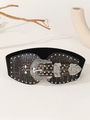 Detail of vintage coffee crocodile pattern elastic belt with carved silver buckle - Coffee/Black