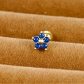 Detailed close-up of blue zircon flower crown ear stud with golden screw ball back - Five-petal Flower (E1233-2)