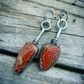 Vintage geometric enamel asymmetric earrings with red agate stones and retro silver finish - S055 Vintage Agate Stone