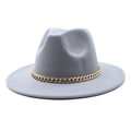 Detail of grey wool fedora hat featuring a bold gold chain band on a flat brim - M (56-58cm) / Light Gray