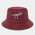 Detailed embroidery of a white dinosaur skeleton on a washed burgundy cotton bucket hat - One Size / Burgundy