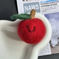 Handmade red wool felt apple keychain with smile embroidery on white heart plate - Happy Apple