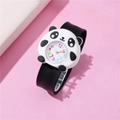 Cute panda cartoon children's quartz watch with black silicone strap on pink background - Panda Black
